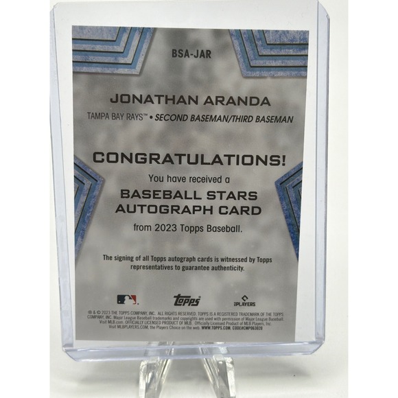 2023 Topps Jonathan Aranda Rookie Auto Baseball Stars BSA-JAR Tampa Bay Rays RC - Picture 2 of 2